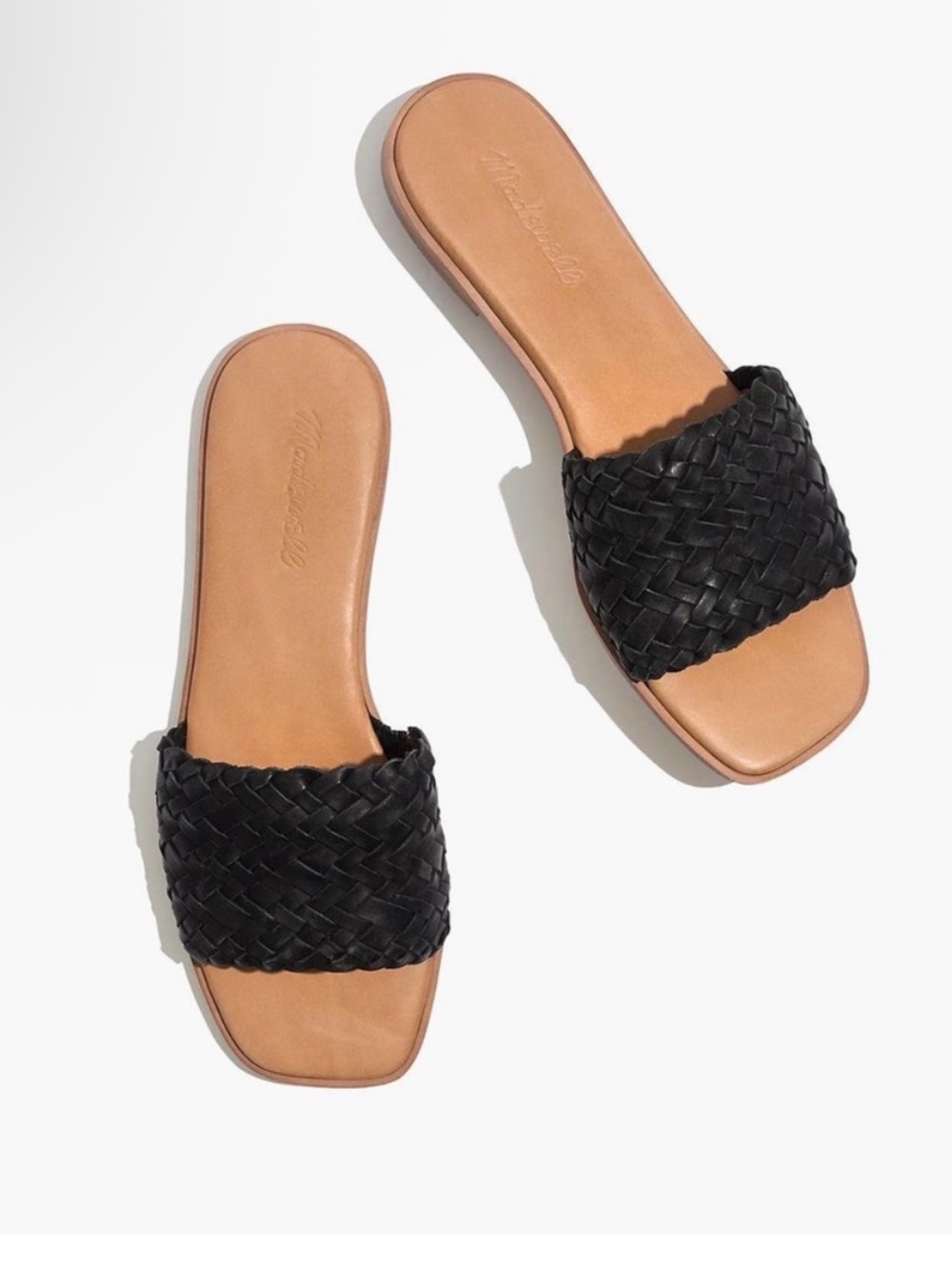 Madewell The Lianne Black Square Toe Woven Leather Slide Sandals